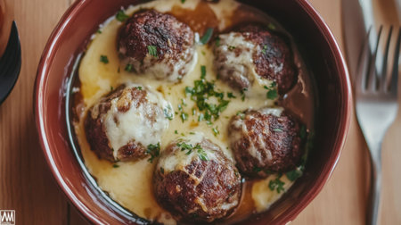 A delectable bowl of savory meatballs in a rich creamy sauce, topped with melted cheese and garnished with fresh parsley, perfect for a cozy meal.の素材