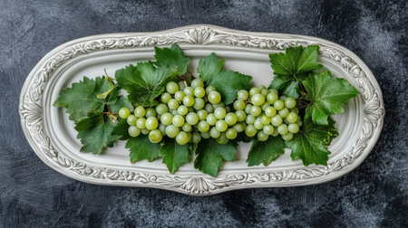 A beautiful arrangement of fresh green grapes and vibrant leaves displayed on an elegant plate, perfect for conveying freshness and health in any culinary setting.の素材