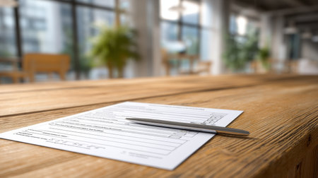 A focused view of a blank paperform resting on a wooden table, accompanied by a pen, illuminated by natural light in a contemporary office setting.の素材