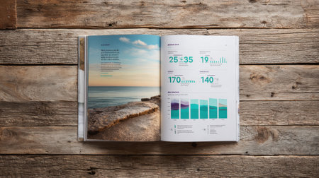 Open magazine rests on a rustic wooden table, featuring serene coastal images and clear data graphics, ideal for showcasing nature-inspired content and reports.の素材