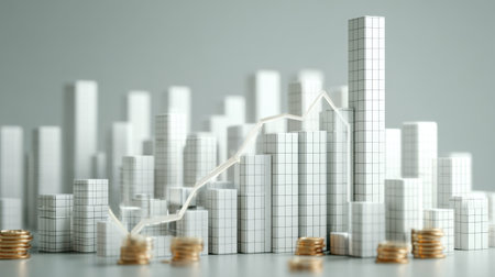 A visually striking 3D model depicting urban growth with white cubes symbolizing buildings and coins representing economic factors. Ideal for financial analysis and growth trends.の素材