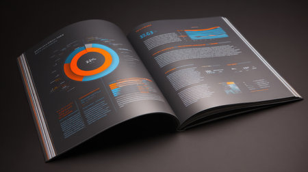 An opened brochure featuring vibrant graphs and data visualizations against a dark background, ideal for business insights, presentations, and marketing strategies.の素材
