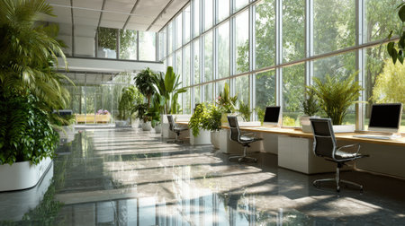 A spacious modern office showcases large windows adorned with lush greenery, creating a bright environment that fosters productivity and creativity in a serene workspace.の素材