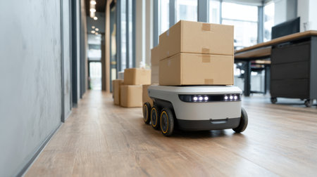 A delivery robot efficiently moves through an office environment, transporting cardboard boxes, representing innovation in logistics and automation solutions for modern workplaces.の素材