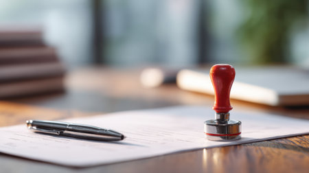 A close-up look at a red rubber stamp placed on a document, accompanied by a silver pen. The image captures an organized and professional office workspace.の素材