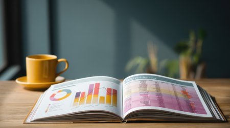 An open book rests on a wooden table, displaying vibrant graphs and charts, beside a yellow coffee cup, in a bright and inviting workspace, ideal for business analysis.の素材