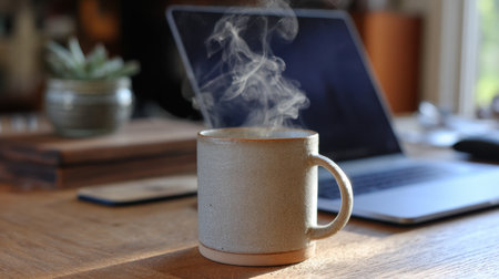 A serene morning scene featuring a steaming mug on a wooden table near a laptop, creating a warm and inviting atmosphere perfect for relaxation and productivity.の素材