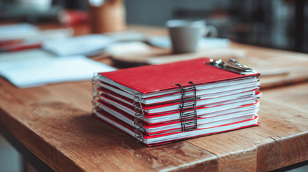 A visually appealing stack of red clipboards sits on a wooden table, enhancing a modern workspace atmosphere, perfect for organization and productivity in any office setting.の素材