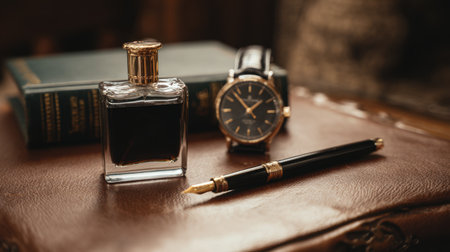A beautifully arranged shot featuring a luxury perfume bottle, a stylish watch, and an elegant fountain pen on rich leather, evoking timeless sophistication and style.の素材