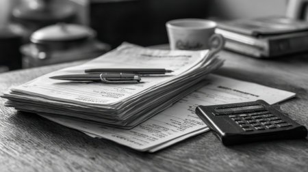 A captivating black and white flat lay scene featuring organized paperwork, a calculator, pens, and a coffee cup, creating a cozy and productive workspace atmosphere.の素材