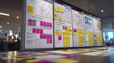 A vibrant office scene featuring a digital display filled with colorful sticky notes and project plans, emphasizing collaboration and innovative workspace design.の素材