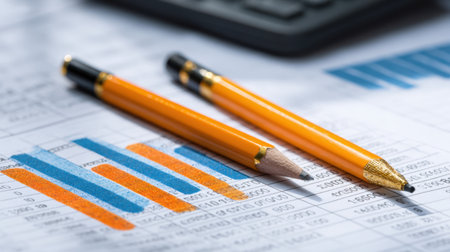 A modern workspace featuring financial analysis tools such as orange pens and a pencil on a document with charts and graphs, perfect for business professionals.の素材