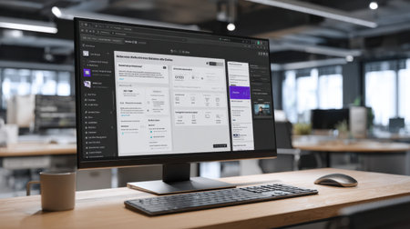 A modern workspace features a sleek desk with a computer monitor displaying a user-friendly software interface, highlighting digital productivity tools in a contemporary office setting.の素材
