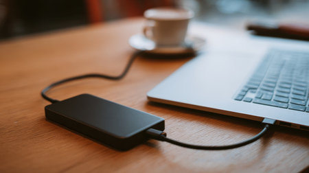 A sleek black external hard drive connects to a laptop on a rustic wooden table, accompanied by a coffee cup, illustrating a modern workspace perfect for productivity.の素材