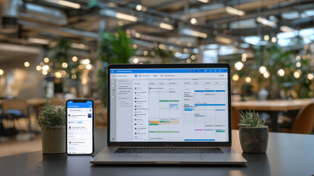 This image shows a modern workspace featuring a laptop and smartphone displaying project management software. The bright office atmosphere enhances productivity and collaboration.の素材