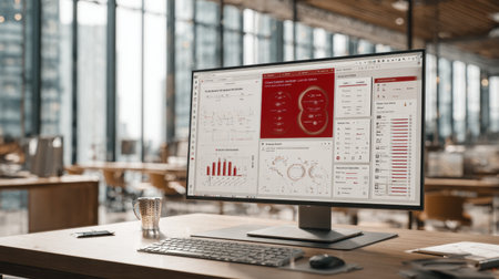 A modern office setting featuring a sleek monitor showing detailed data analytics and business statistics, bathed in natural light from large windows.の素材