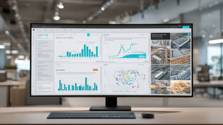 A sleek monitor displays advanced data visualization tools in a contemporary office space, showcasing graphs and analytics for effective business decision-making.の素材
