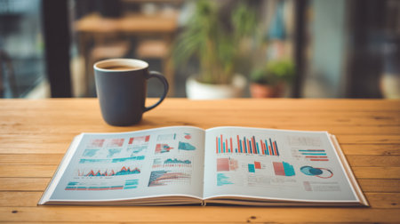 A well-organized open book featuring colorful charts and graphs rests on a wooden table next to a steaming cup of coffee, ideal for study and business settings.の素材