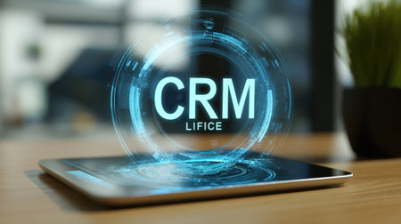 A modern tablet showcases a bright neon graphic interface for CRM technology. This innovative design symbolizes advanced business solutions and digital transformation.の素材