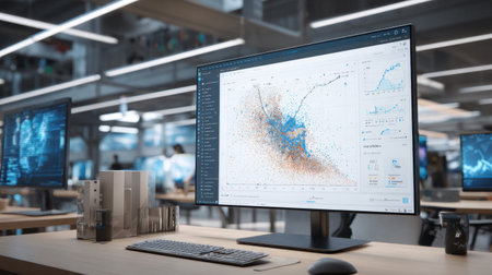 A modern office space features a computer workstation showing detailed data analytics on a large monitor, illustrating advanced technology and productivity trends in business strategy.の素材
