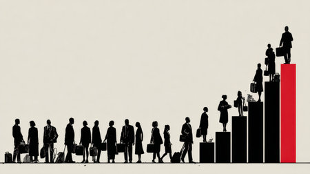 Dynamic silhouette of business people in various positions climbing steps, symbolizing professional growth and success in a competitive landscape.の素材