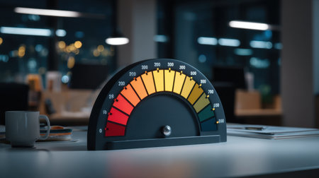 A vibrant gauge sits on a table in a modern office setting, symbolizing performance measurement and productivity. The background features a blurred corporate environment, evoking a sense of professionalism.の素材
