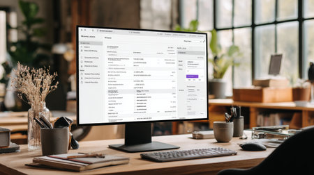 A spacious and stylish workspace featuring a modern computer monitor and a wooden desk surrounded by plants and books, perfect for productivity and creativity.の素材