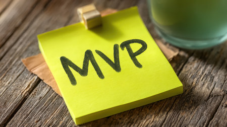 Bright yellow sticky note displaying MVP message in an engaging workspace setting, highlighting themes of achievement, motivation, and productivity in a modern office.の素材