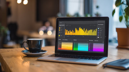A modern laptop showcasing vibrant graphs and charts sits on a wooden table beside a coffee cup, creating a cozy workspace atmosphere perfect for productivity and analysis.の素材