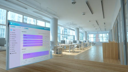 Bright and modern office space features a high-tech workstation with an interactive display. Perfect for professionals seeking productivity and collaboration.の素材