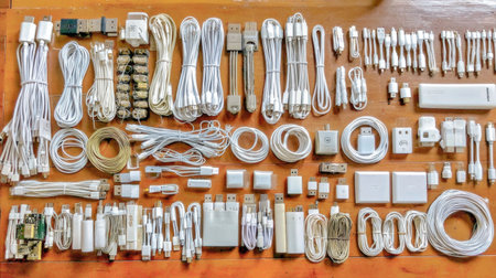 This image features a diverse assortment of white charging cables, adapters, and connectors neatly arranged on a wooden surface, showcasing modern technological accessories.の素材