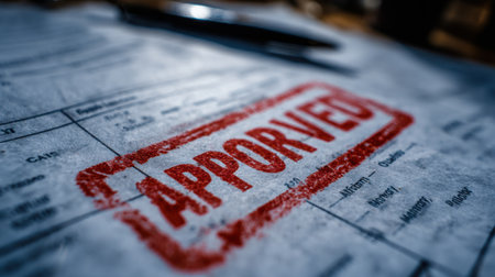 A close-up of a stamped document with a prominent red "APPROVE" marking, highlighting the finalization of a business process in an office setting.の素材