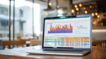 A modern laptop sits on a wooden table in a cozy cafe, showcasing colorful data analytics graphs that reflect business performance and digital productivity.の素材