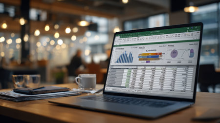Open laptop displaying a detailed spreadsheet in a cozy cafの素材