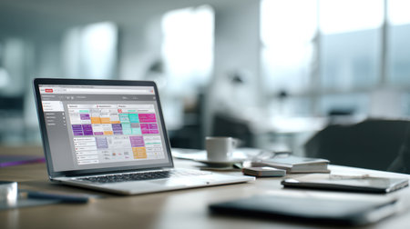 A modern workspace featuring a laptop displaying colorful calendar software, a coffee cup, and organized notes, perfect for showcasing productivity and planning.の素材