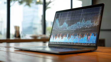 A sleek laptop showcases vibrant financial data and graphs in a contemporary office setting, filled with natural light and greenery, emphasizing productivity and analysis.の素材