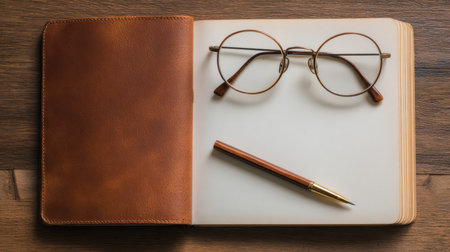 Discover an artistic flat lay featuring an elegant brown leather notebook, classic round glasses, and a stylish pen, perfect for creative inspiration and planning.の素材