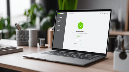 A sleek laptop sits on a trendy desk, displaying a successful login screen with a green check mark, surrounded by indoor plants and stylish stationery.の素材