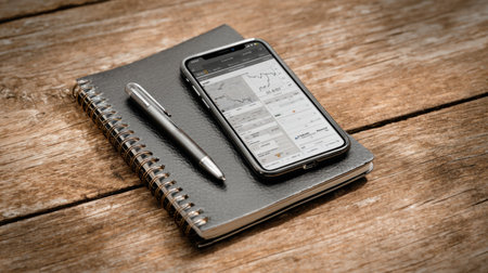 An elegant mobile phone on a notebook captures stock market data, paired with a pen, representing tools for analysis and business planning in modern finance.の素材