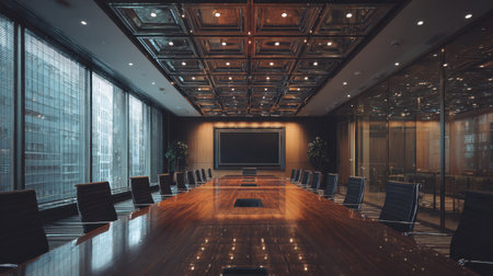 This modern conference room features a large wooden table, stylish chairs, wall windows with a city view, and an elegant illuminated ceiling, ideal for professional meetings.の素材