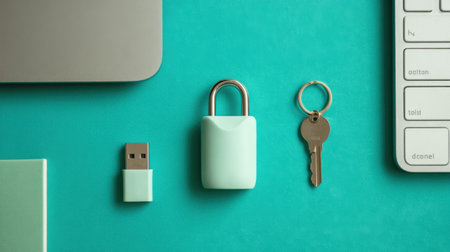 A stylish flat lay showing a mint green lock with a USB drive and key, set against a turquoise background. Perfect for concepts around digital security and modern technology.の素材