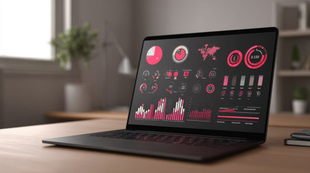 A modern laptop showcases colorful data visualizations on a sleek desk, emphasizing analytics and digital design for a professional workspace atmosphere.の素材