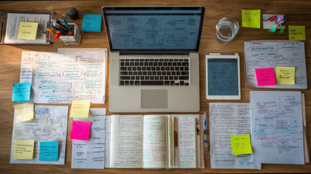 A vibrant workspace featuring a laptop, notebooks, and colorful sticky notes sprawled across a wooden table. Ideal for study, brainstorming, and creativity.の素材