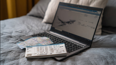A sleek laptop displays a travel website, next to a boarding pass and map, symbolizing travel planning and preparation in a cozy home environment.の素材