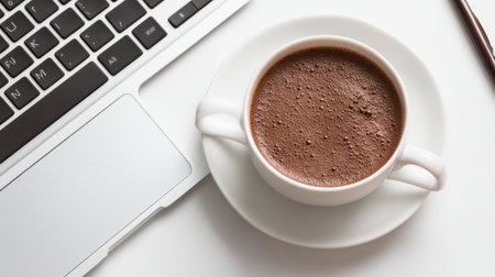 A cozy workspace featuring a white cup of hot chocolate beside a sleek laptop on a minimalist desk, perfect for enjoying a warm beverage while being productive.の素材