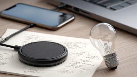 A modern workspace scene featuring a smartphone on a table, a wireless charger, a light bulb, and a laptop, perfect for inspiration and productivity in design and creativity.の素材