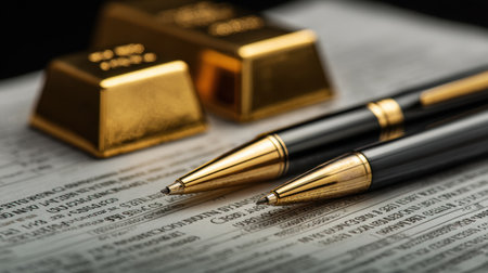 A detailed view of luxurious pens resting on financial documents alongside gold bars, symbolizing wealth and investment opportunities in the business world.の素材