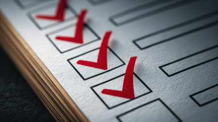 This image features a close-up of a paper checklist with bold red checkmarks, symbolizing achievement and productivity. Ideal for project management and organization themes.の素材