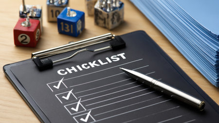 A black clipboard featuring a checklist with check marks, accompanied by a silver pen, colorful dice, and stacked paper documents, ideal for organization.の素材