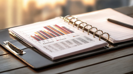 Detailed business analysis report featuring colorful graphs and tables in a modern office binder, emphasizing data presentation and performance evaluation techniques.の素材